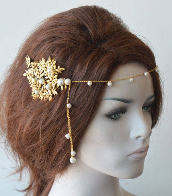 Gold Leaf Pearl Bridal Hair Comb - Image 2