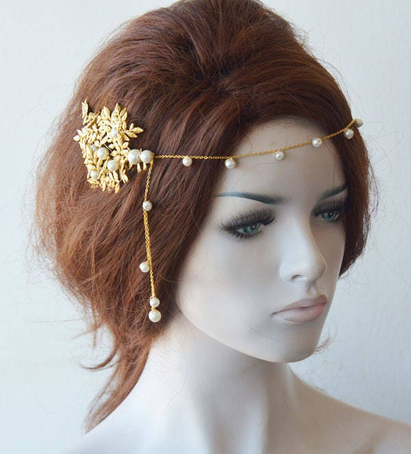 Gold Leaf Pearl Bridal Hair Comb - Image 3