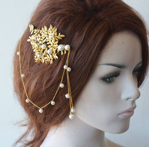Gold Leaf Pearl Bridal Hair Comb - Image 5