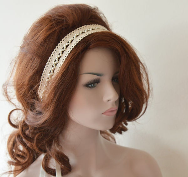 Double Row Pearl Lace Bridal Headband - Image 2