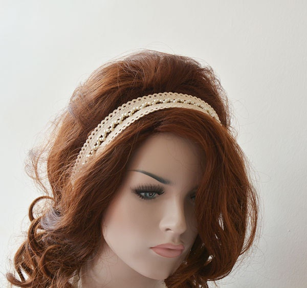 Double Row Pearl Lace Bridal Headband - Image 3