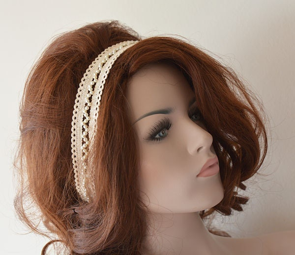 Double Row Pearl Lace Bridal Headband - Image 4