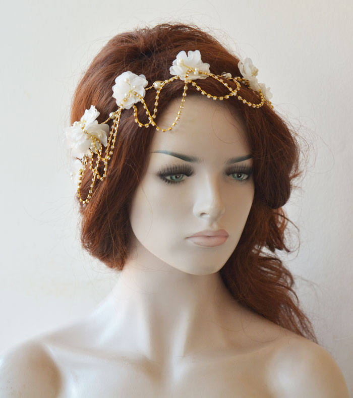 Floral Pearl Draped Bridal Headpiece - Image 2