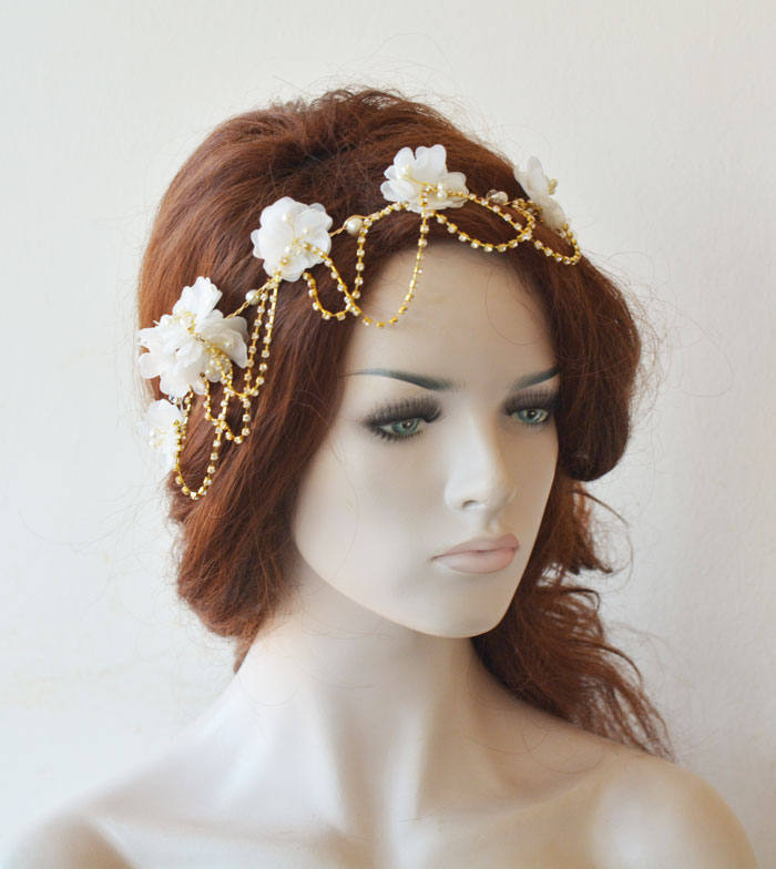 Floral Pearl Draped Bridal Headpiece - Image 3