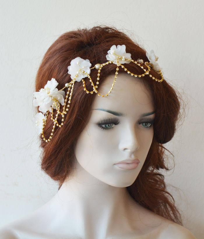 Floral Pearl Draped Bridal Headpiece - Image 4
