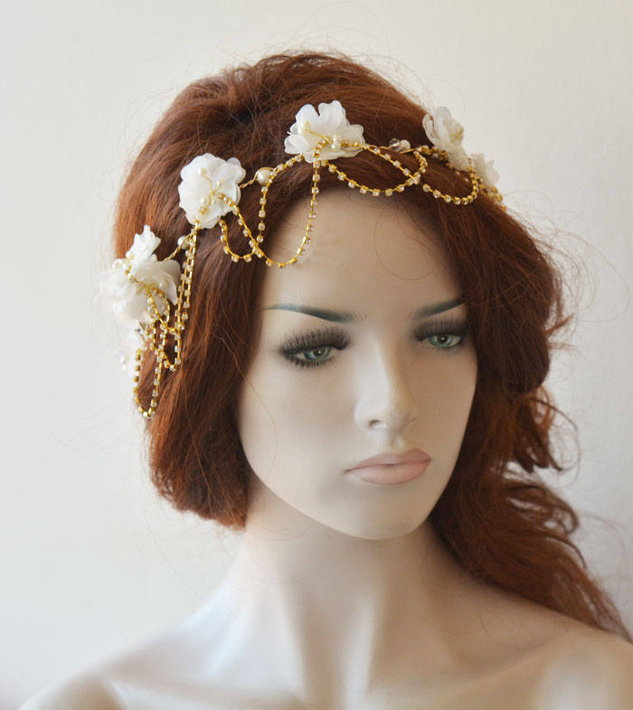 Floral Pearl Draped Bridal Headpiece - Image 5