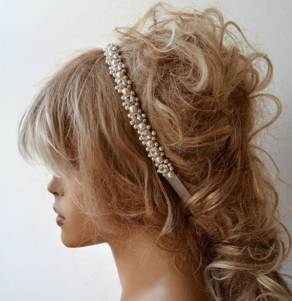 Double Row Pearl Crystal Bridal Headband - Image 5